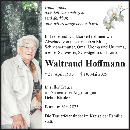 Traueranzeige von Waltraud Hoffmann von Volksstimme Burg/Genthin