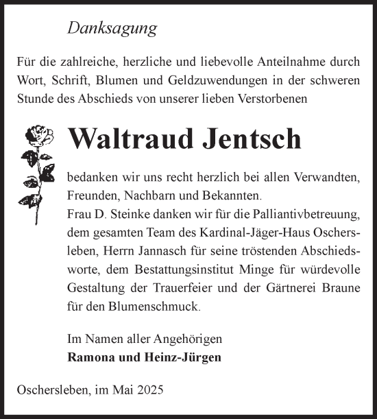 Traueranzeige von Waltraud Jentsch von Volksstimme Oschersleben/Wanzleben