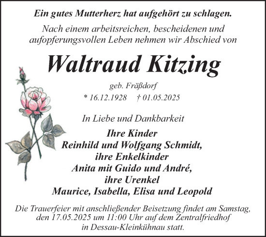 Traueranzeige von Waltraud Kitzing von Trauerkombi Dessau