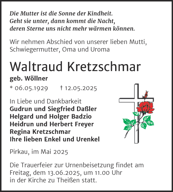 Traueranzeige von Waltraud Kretzschmar von Trauerkombi Zeitz
