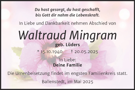 Traueranzeige von Waltraud Mingram von Trauerkombi Quedlinburg