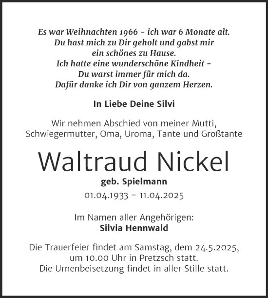 Traueranzeige von Waltraud Nickel von Trauerkombi Wittenberg