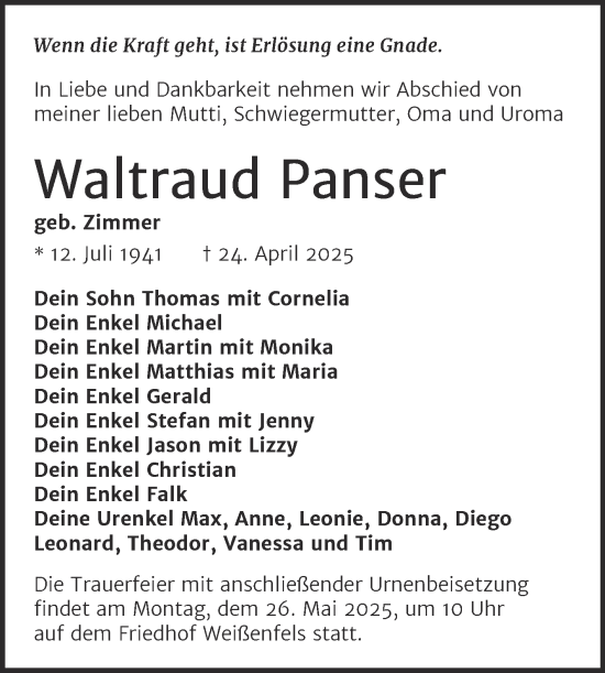 Traueranzeige von Waltraud Panser von Trauerkombi Weißenfels