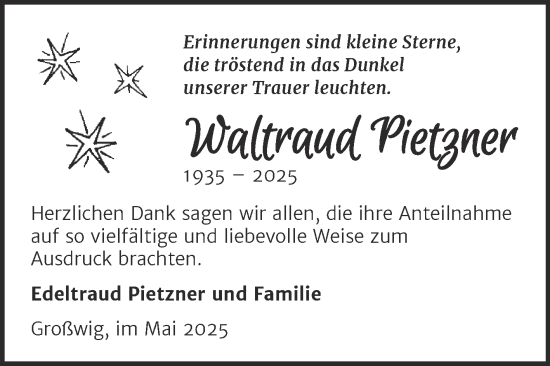 Traueranzeige von Waltraud Pietzner von Trauerkombi Wittenberg