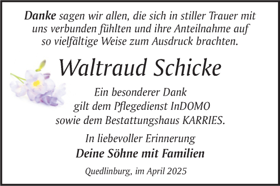 Traueranzeige von Waltraud Schicke von Trauerkombi Quedlinburg