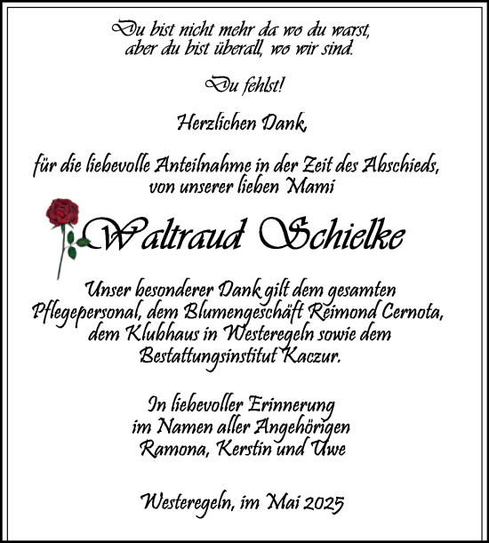 Traueranzeige von Waltraud Schielke von Volksstimme Staßfurt