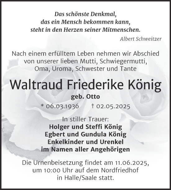 Traueranzeige von Waltraud Friederike König von Mitteldeutsche Zeitung Halle/Saalkreis