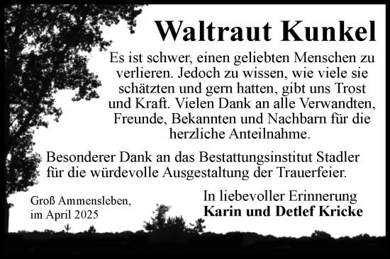 Traueranzeige von Waltraut Kunkel von Volksstimme Haldensleben/Wolmirstedt