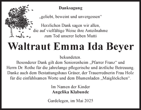 Traueranzeige von Waltraut Emma Ida Beyer von Volksstimme Altmark West