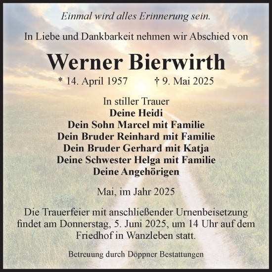 Traueranzeige von Werner Bierwirth von Volksstimme Oschersleben/Wanzleben