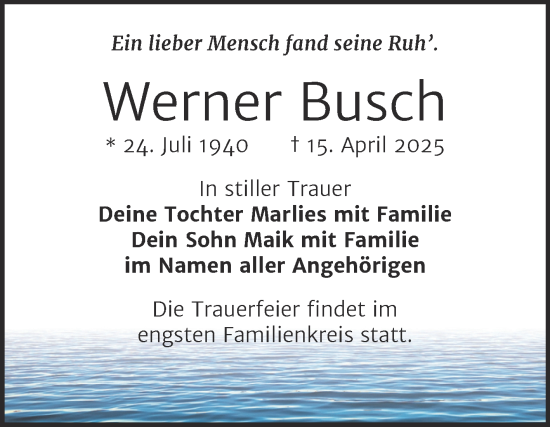 Traueranzeige von Werner Busch von Trauerkombi Weißenfels