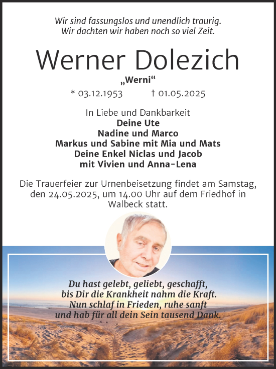 Traueranzeige von Werner Dolezich von Trauerkombi Mansfelder Land