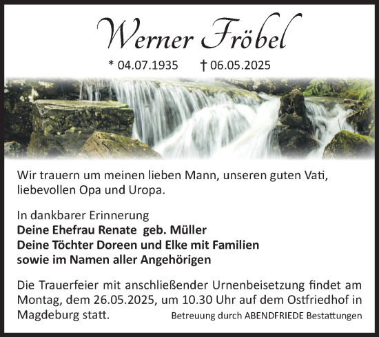 Traueranzeige von Werner Fröbel von Volksstimme Magdeburg