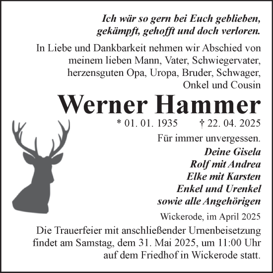 Traueranzeige von Werner Hammer von Trauerkombi Sangerhausen