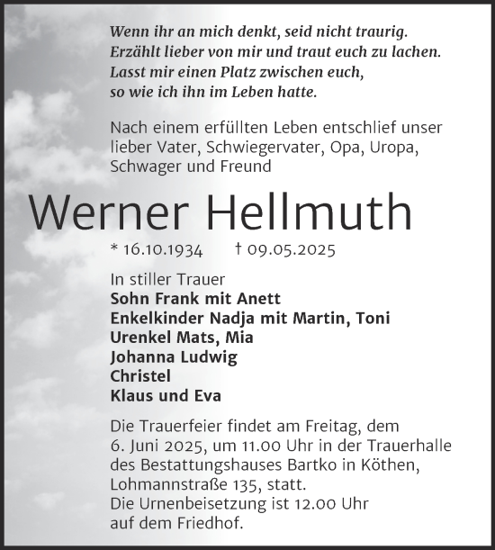 Traueranzeige von Werner Hellmuth von Trauerkombi Köthen