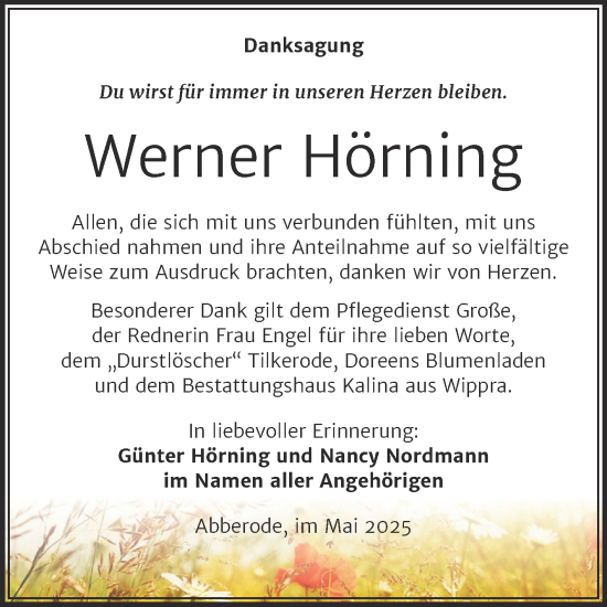Traueranzeige von Werner Hörning von Trauerkombi Mansfelder Land