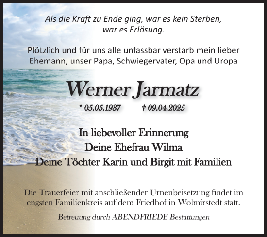 Traueranzeige von Werner Jarmatz von Volksstimme Haldensleben/Wolmirstedt