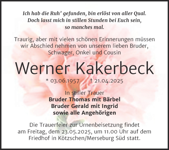 Traueranzeige von Werner Kakerbeck von Trauerkombi Merseburg