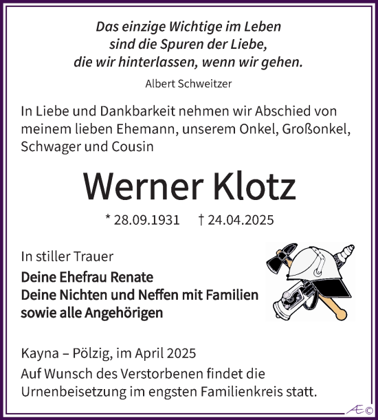 Traueranzeige von Werner Klotz von Trauerkombi Zeitz