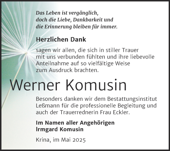 Traueranzeige von Werner Komusin von Trauerkombi Bitterfeld