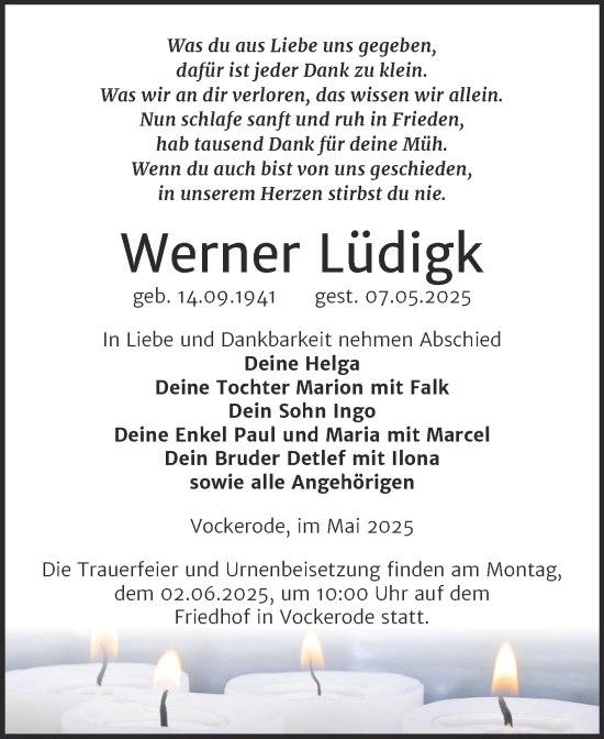 Traueranzeige von Werner Lüdigk von Trauerkombi Wittenberg
