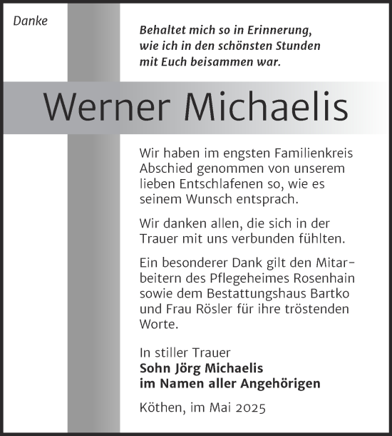Traueranzeige von Werner Michaelis von Trauerkombi Köthen