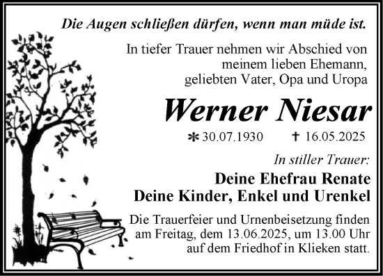 Traueranzeige von Werner Niesar von Trauerkombi Wittenberg