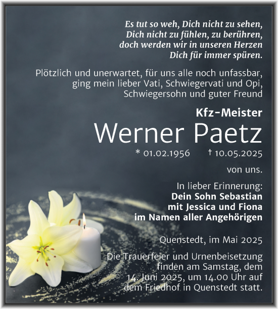 Traueranzeige von Werner Paetz von Trauerkombi Mansfelder Land