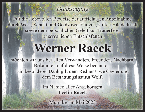 Traueranzeige von Werner Raeck von Volksstimme Wernigerode