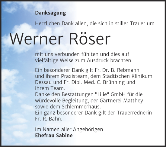 Traueranzeige von Werner Röser von Trauerkombi Dessau