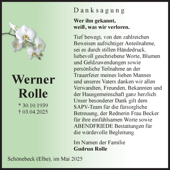 Traueranzeige von Werner Rolle von Volksstimme Schönebeck