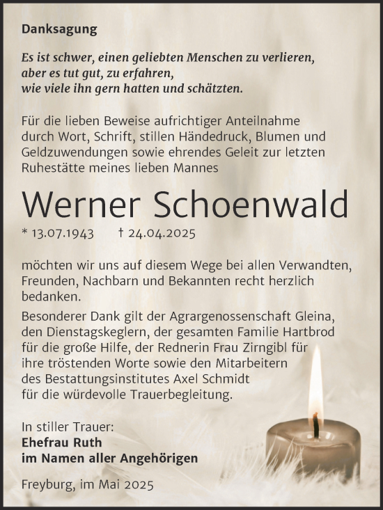 Traueranzeige von Werner Schoenwald von Super Sonntag Naumburg/Nebra