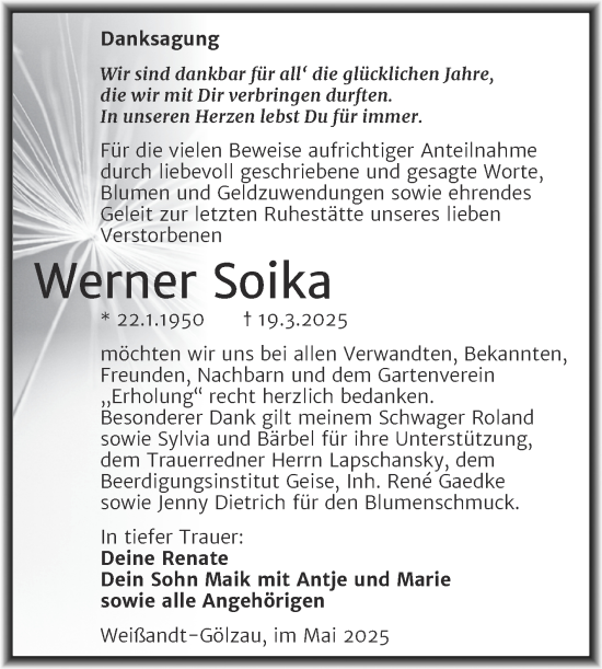 Traueranzeige von Werner Soika von Trauerkombi Köthen