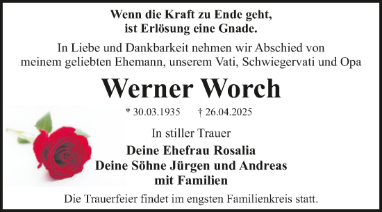 Traueranzeige von Werner Worch von Trauerkombi Dessau