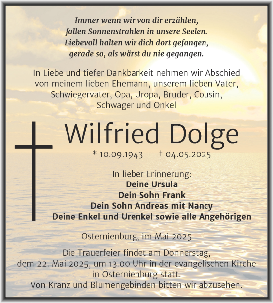 Traueranzeige von Wilfried Dolge von Trauerkombi Köthen