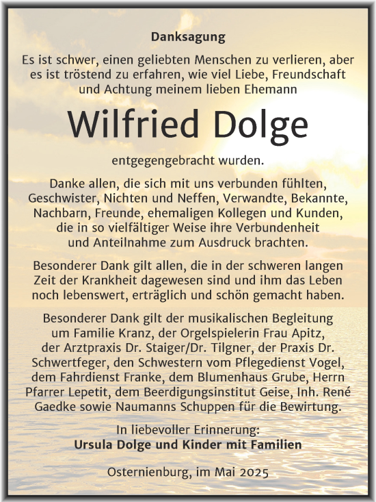 Traueranzeige von Wilfried Dolge von Trauerkombi Köthen