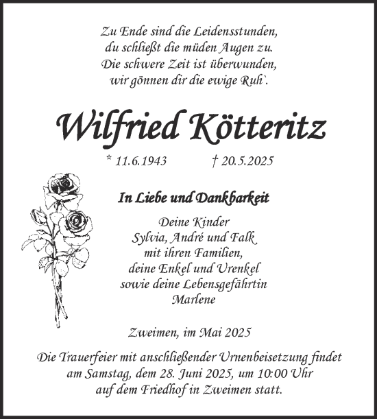 Traueranzeige von Wilfried Kötteritz von Trauerkombi Merseburg