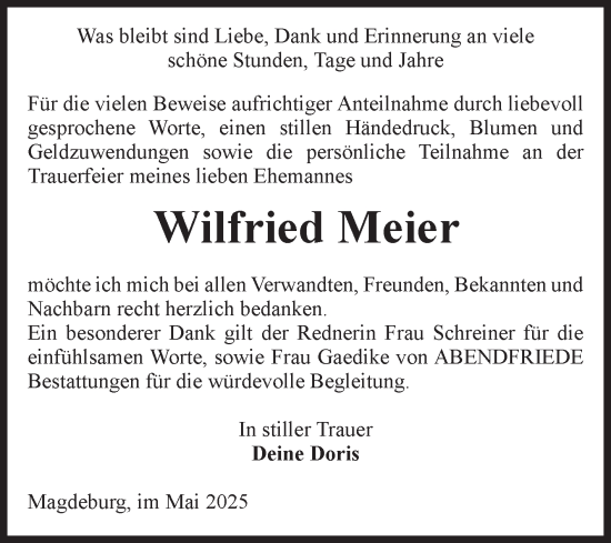 Traueranzeige von Wilfried Meier von Volksstimme Magdeburg