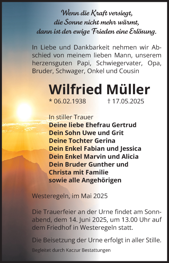 Traueranzeige von Wilfried Müller 