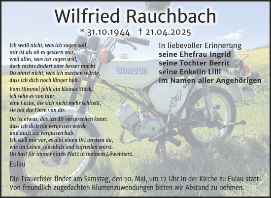 Traueranzeige von Wilfried Rauchbach von Naumburger Tageblatt