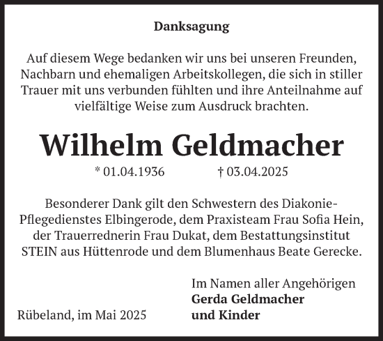 Traueranzeige von Wilhelm Geldmacher von Volksstimme Wernigerode