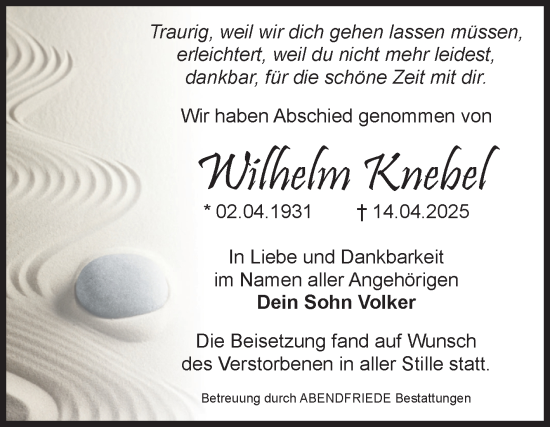Traueranzeige von Wilhelm Knebel von Volksstimme Magdeburg