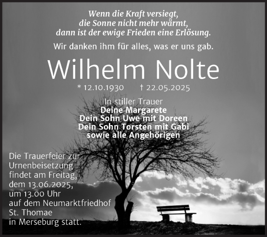 Traueranzeige von Wilhelm Nolte von Trauerkombi Merseburg