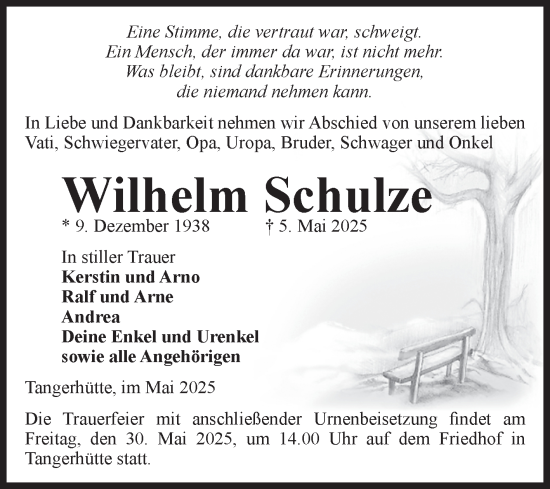 Traueranzeige von Wilhelm Schulze von Volksstimme Altmark Ost