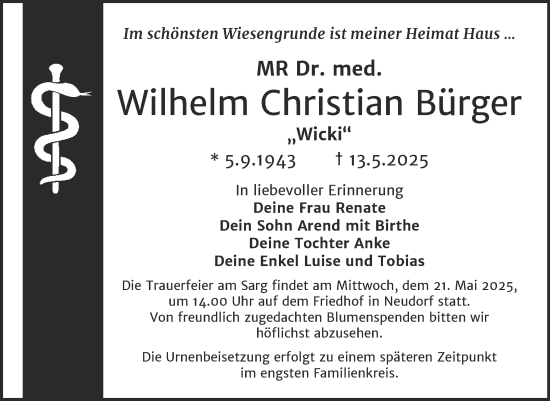 Traueranzeige von Wilhelm Christian Bürger von Mitteldeutsche Zeitung Quedlingburg