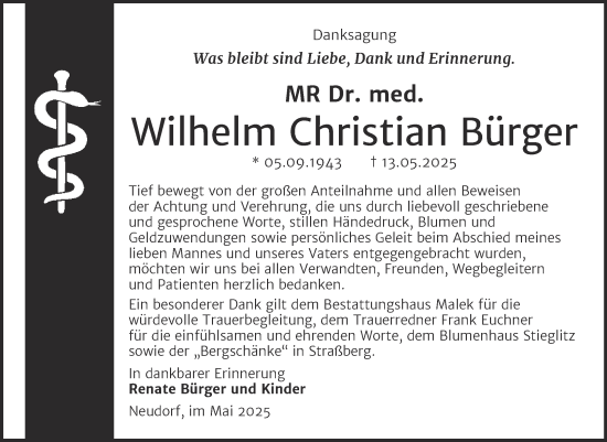 Traueranzeige von Wilhelm Christian Bürger von Trauerkombi Quedlinburg