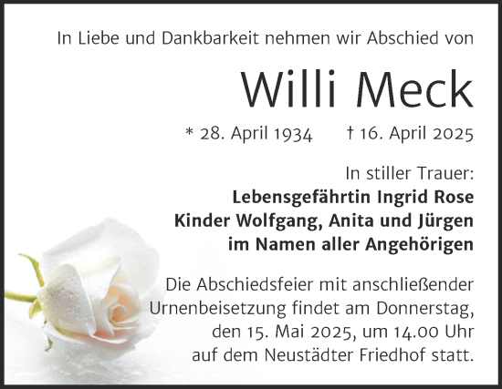 Traueranzeige von Willi Meck von Mitteldeutsche Zeitung Halle/Saalkreis