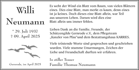 Traueranzeige von Willi Neumann von Trauerkombi Quedlinburg