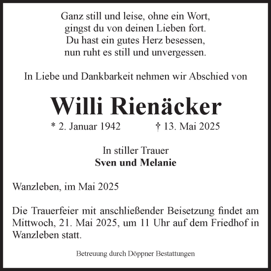 Traueranzeige von Willi Rienäcker von Volksstimme Oschersleben/Wanzleben