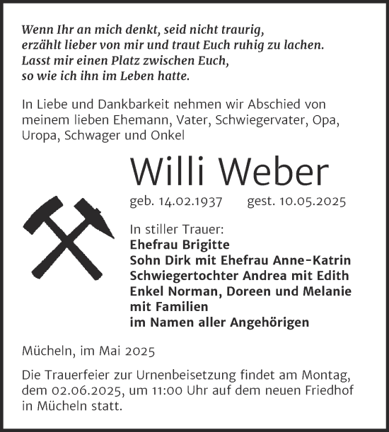 Traueranzeige von Willi Weber von Trauerkombi Merseburg